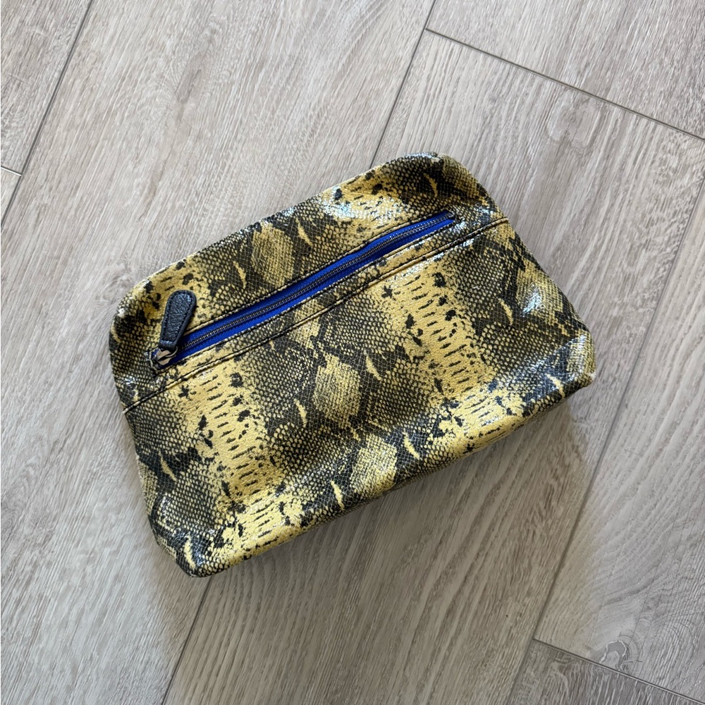 Trouve Yellow Snake Print Purse/Clutch with Blue Zipper
